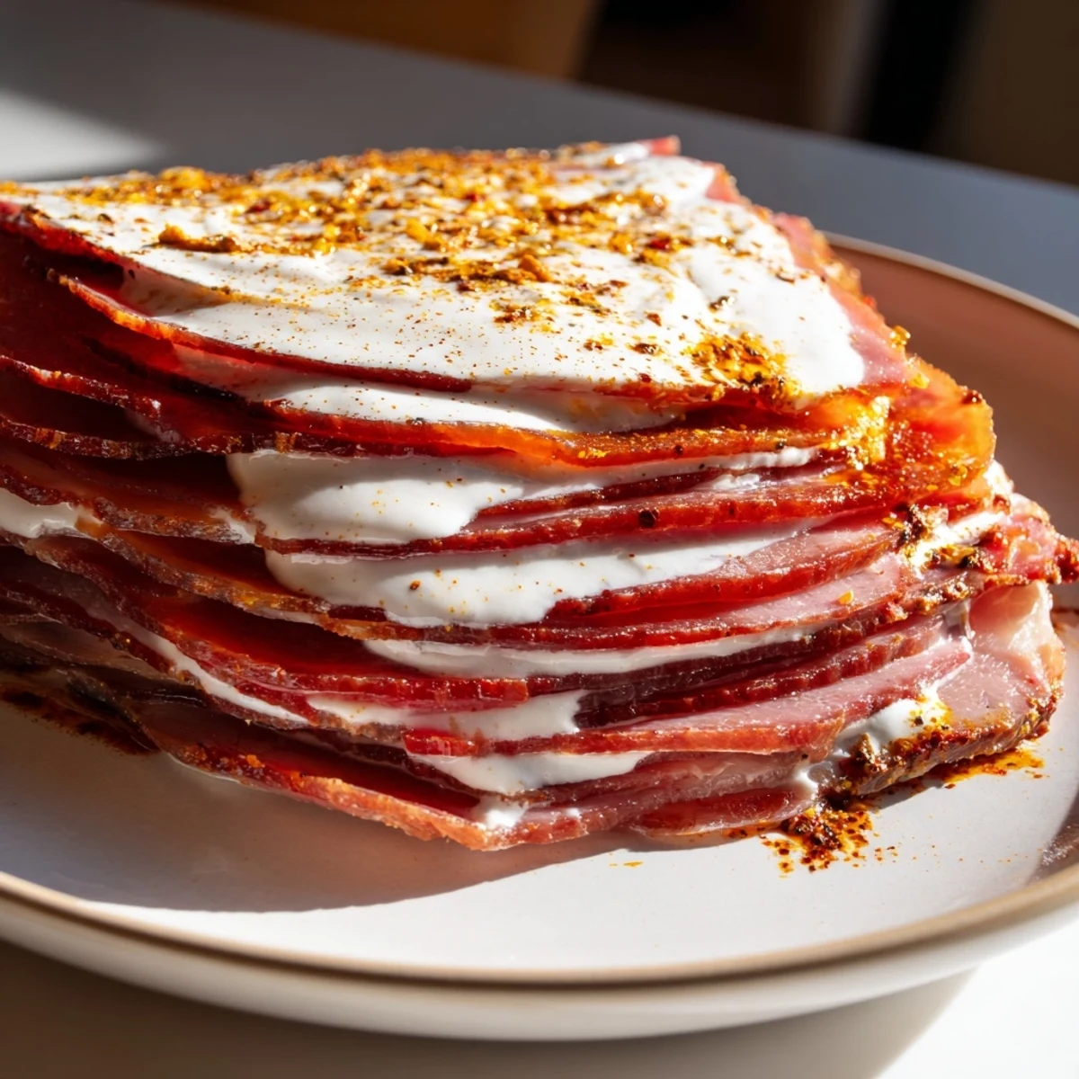 A close-up shot of tender Turkish Döner Meat, expertly sliced and ready with fresh accompaniments.