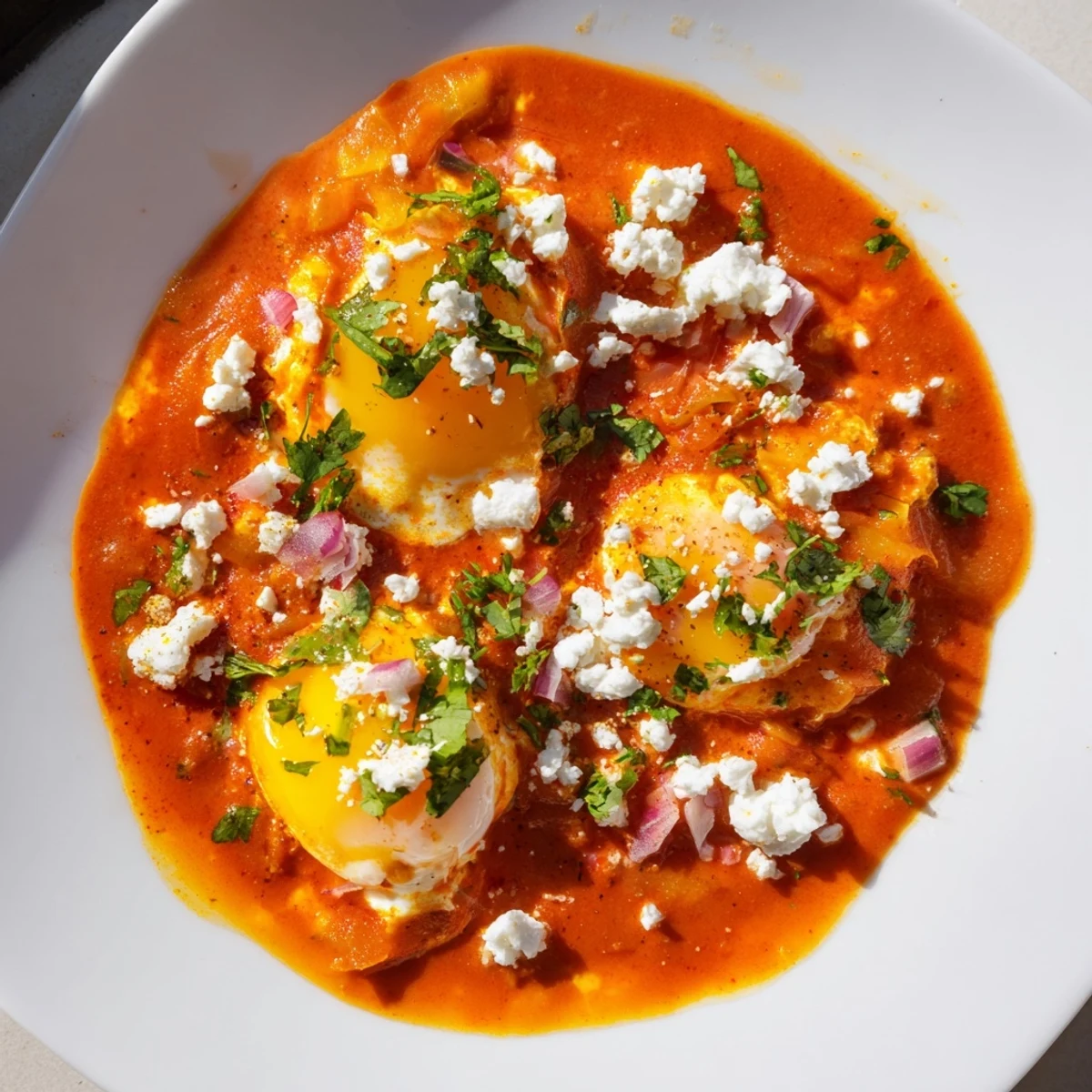 Warm and comforting Israeli Shakshuka Eggs, garnished with fresh herbs, ideal for breakfast or a light dinner.