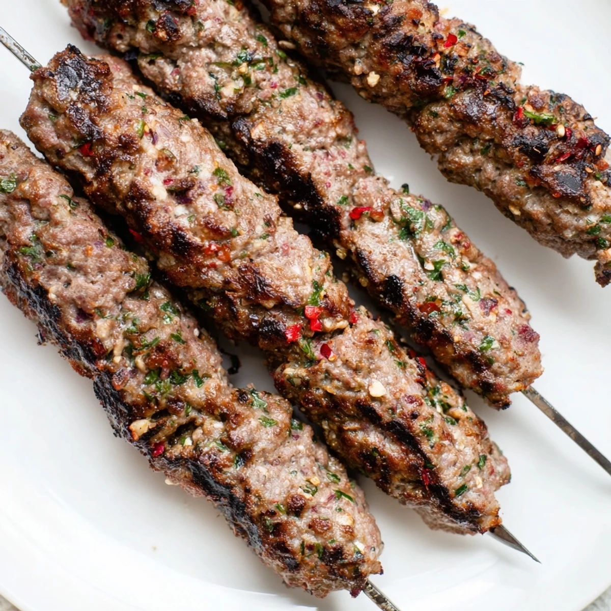 Close-up of succulent Iraqi Kebab Tikka: Charred edges hint at delicious, perfectly grilled ground meat kebabs.