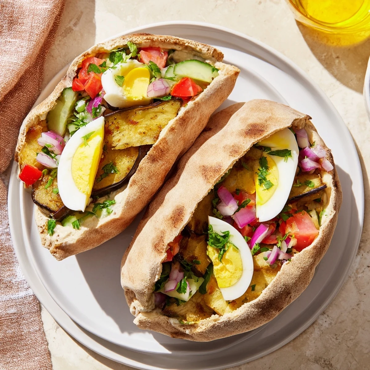 Crispy fried eggplant and creamy tahini star in this vibrant Israeli Sabich, a flavorful vegetarian treat.