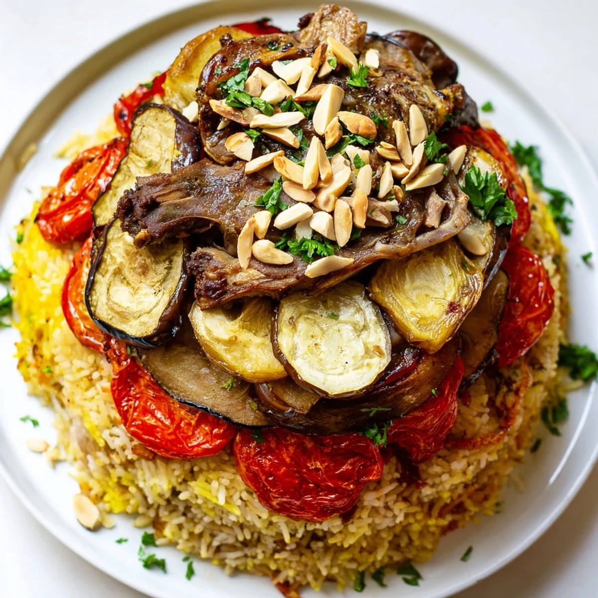 Fragrant Palestinian Maqluba, a beautifully flipped rice dish layered with tender meat and vegetables.