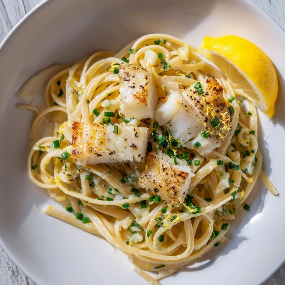 Golden, crispy fish flakes topping a vibrant bowl of Crispy Fish Pasta with fresh herbs.