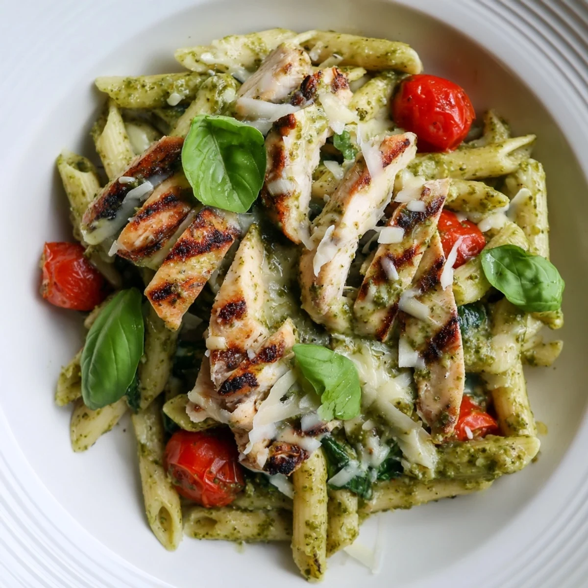 Fresh basil garnishes a flavorful bowl of pesto chicken pasta, perfect for a quick dinner.