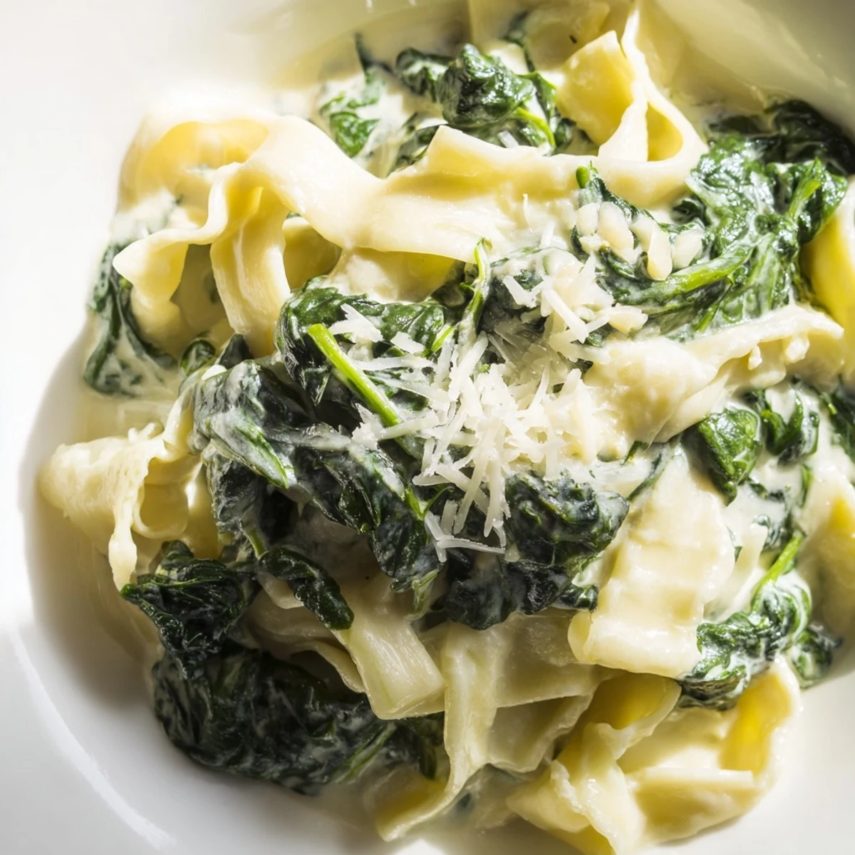 A close-up of Creamy Spinach Garlic Noodles showcases golden Parmesan melted into velvety sauce, flecked with vibrant green spinach and a dusting of black pepper.