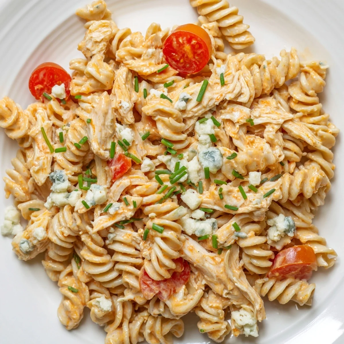 Hearty American pasta salad with spicy buffalo chicken, ranch dressing, and blue cheese crumbles.