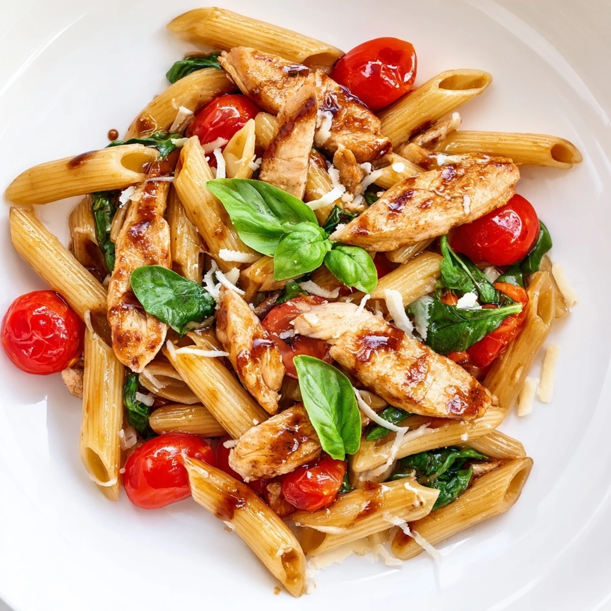 Golden Balsamic Glazed Chicken Pasta with tender chicken, juicy tomatoes, and fresh basil on a plate.  
