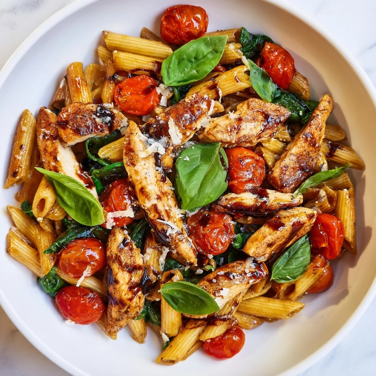 Easy dinner idea: Balsamic Glazed Chicken Pasta served with Parmesan and al dente noodles.