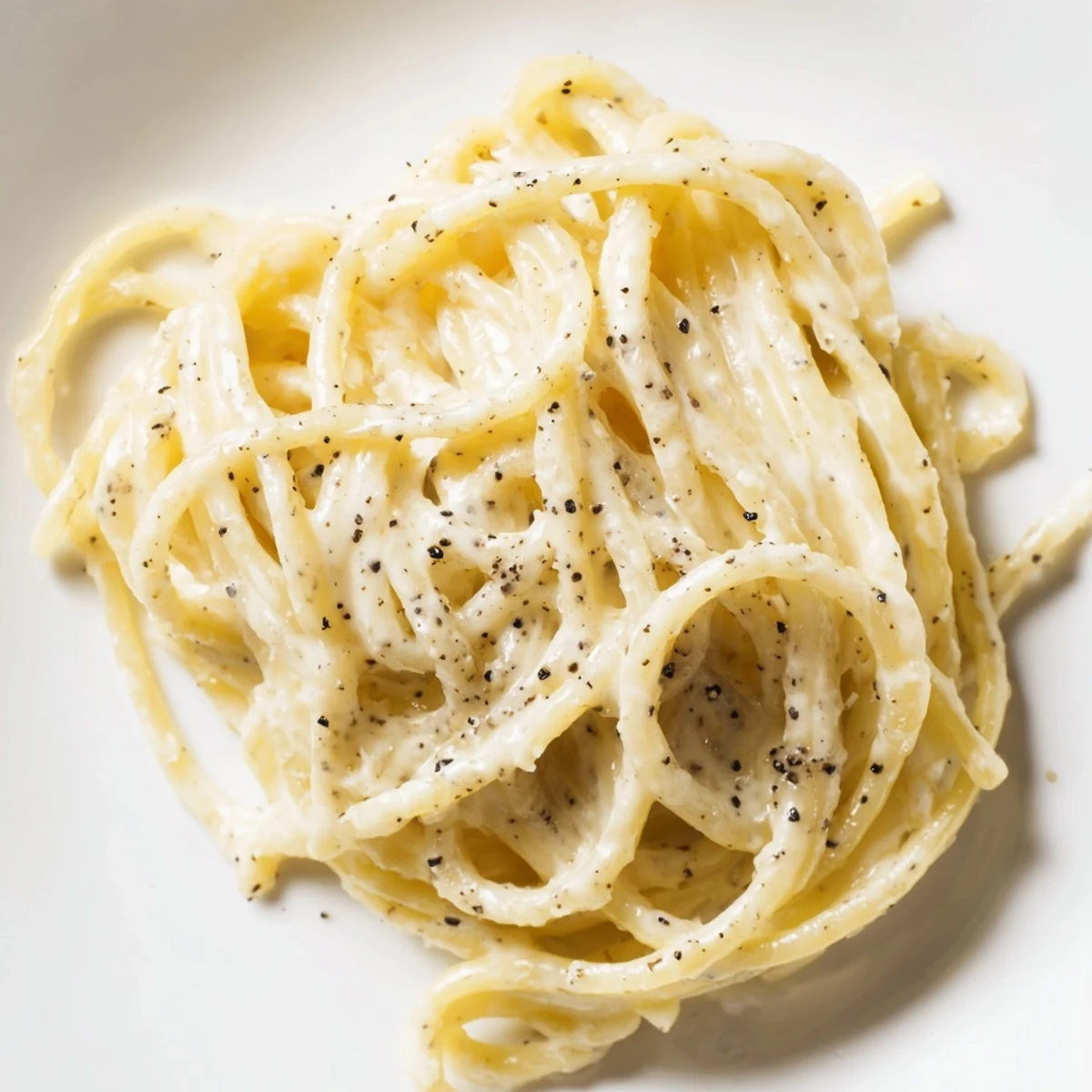 A close-up of steaming Spaghetti Cacio e Pepe in a white bowl, garnished with freshly cracked black pepper and grated Pecorino Romano.  