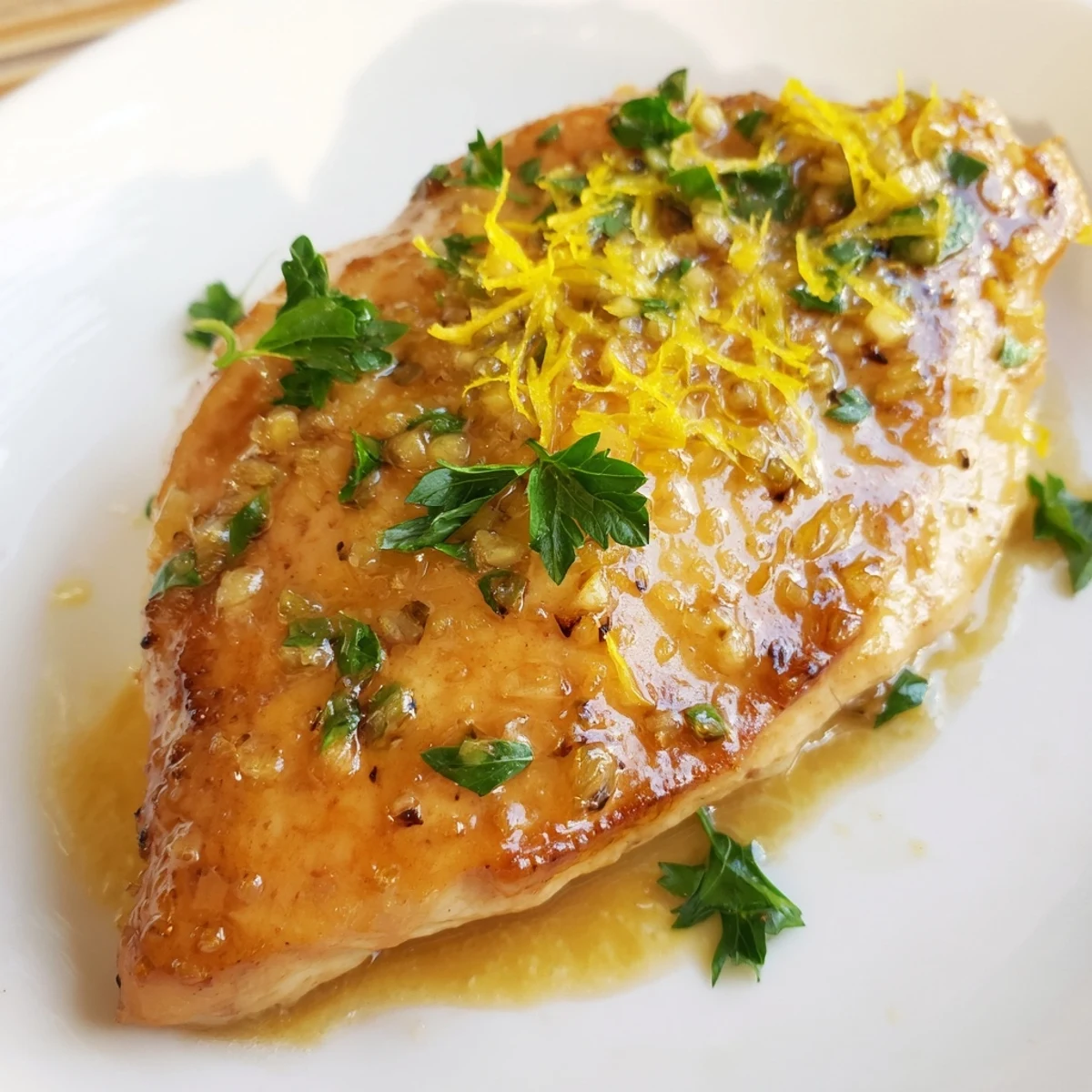 A close-up of tender lemon pepper chicken breasts drizzled with vibrant buttery sauce and sprinkled with black pepper and parsley.