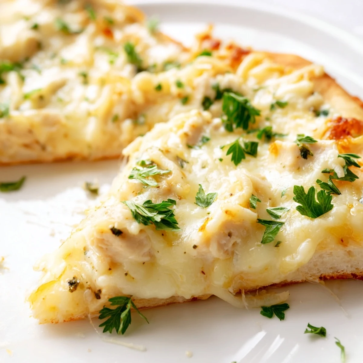A golden crust holds creamy Alfredo sauce, tender chicken, and melted mozzarella in this Chicken Alfredo Pizza, baked to bubbly perfection.  