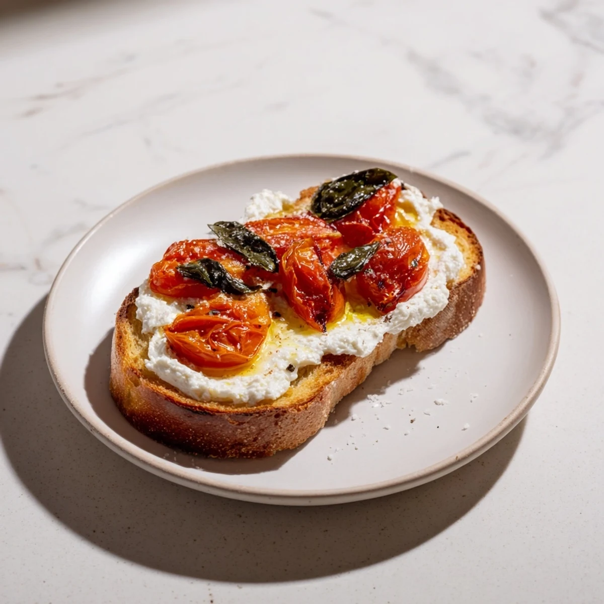 Golden roasted cherry tomatoes glisten over creamy whipped ricotta on crisp sourdough toast, garnished with fresh basil leaves for a Mediterranean-inspired breakfast.