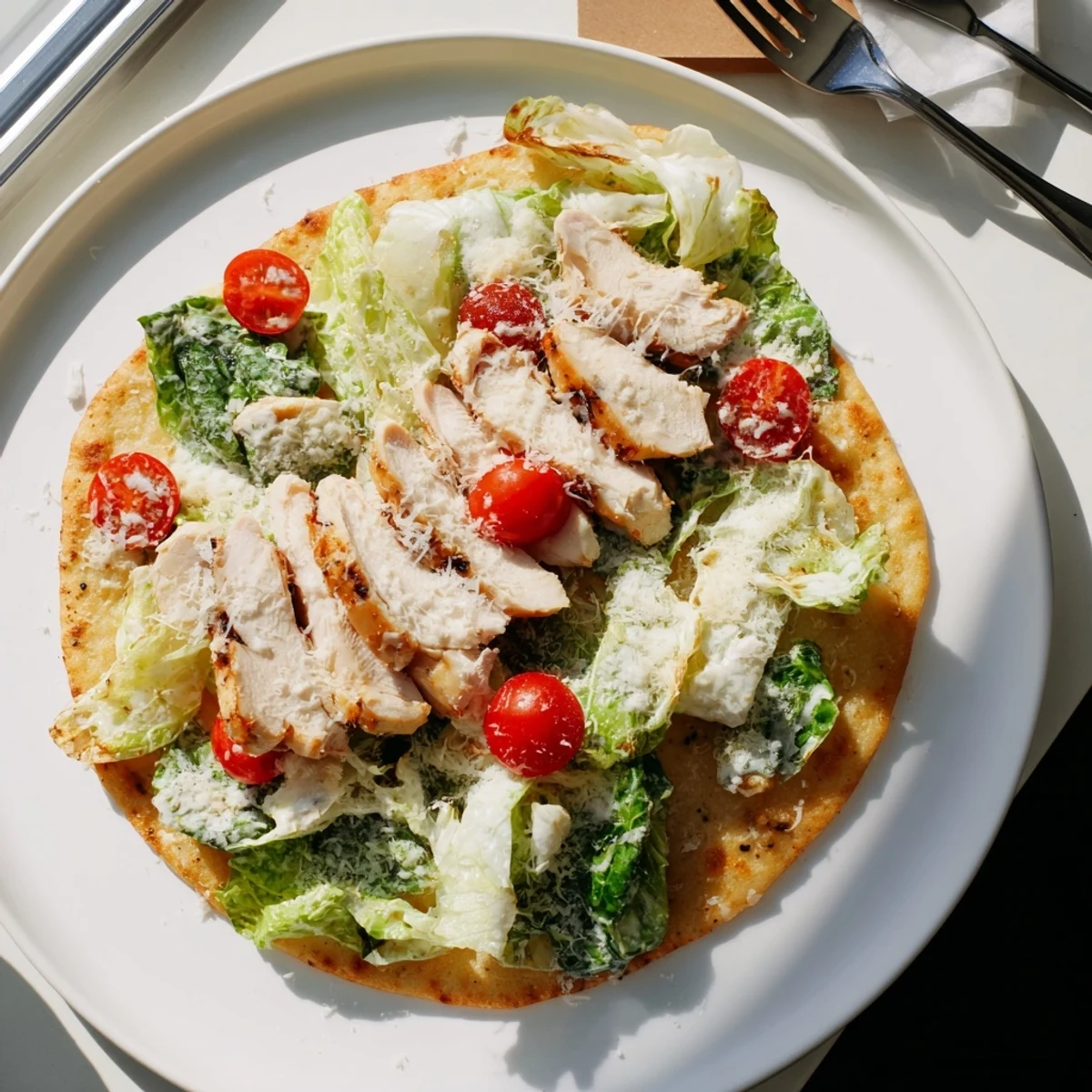 A close-up of Caesar Chicken Flatbread with grilled chicken, crisp romaine, creamy Caesar dressing, and shaved Parmesan on golden crust.  
