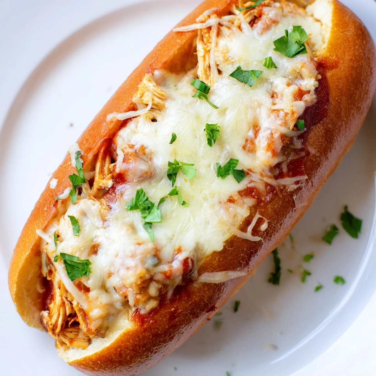 Golden Garlic Bread Boats filled with chicken marinara, topped with bubbly mozzarella and Parmesan cheese.