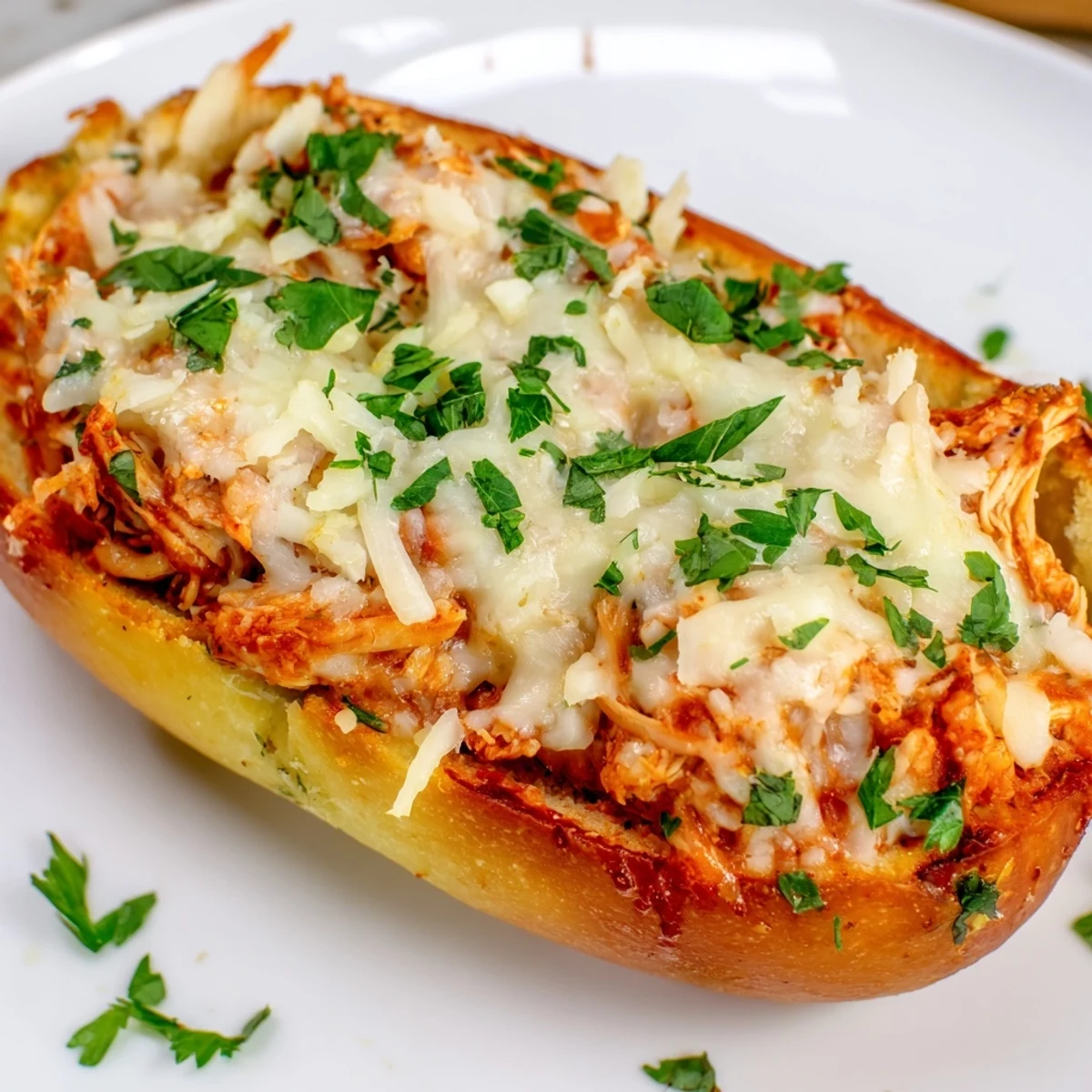 Melted cheese and savory chicken marinara spilling out of crisp garlic bread boats, served for a family meal.