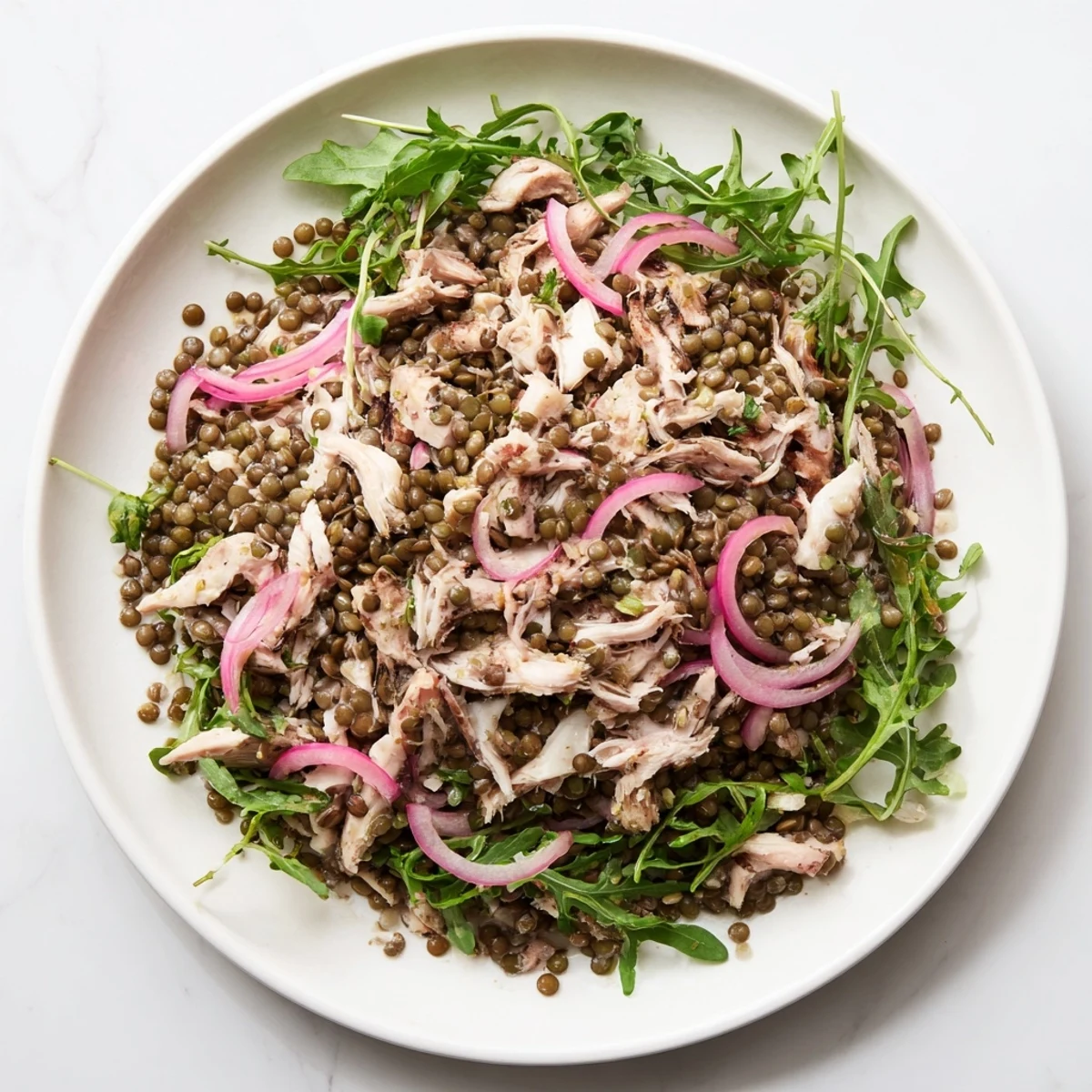 Healthy Lentil & Chicken Spring Salad plated with tender lentils, shredded chicken, and a light mustard dressing, perfect for a refreshing high-protein lunch.