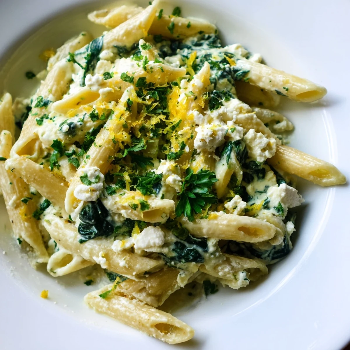 Creamy Feta Spinach Pasta shows golden pasta coated in a velvety sauce with wilted spinach and crumbles of tangy feta.