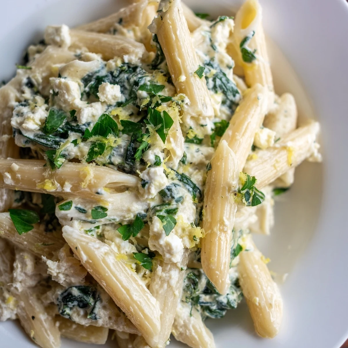 Steam rises from Creamy Feta Spinach Pasta as spinach wilts between tender noodles, chili flakes speckling the rich sauce.