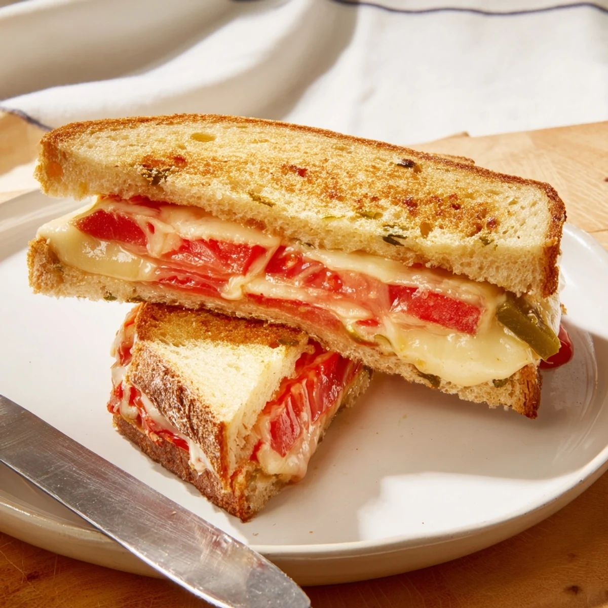 Golden-brown Pepper Jack & Tomato Grilled Cheese sandwiches, showcasing melted cheese and fresh tomato slices between crispy jalapeño-studded bread.