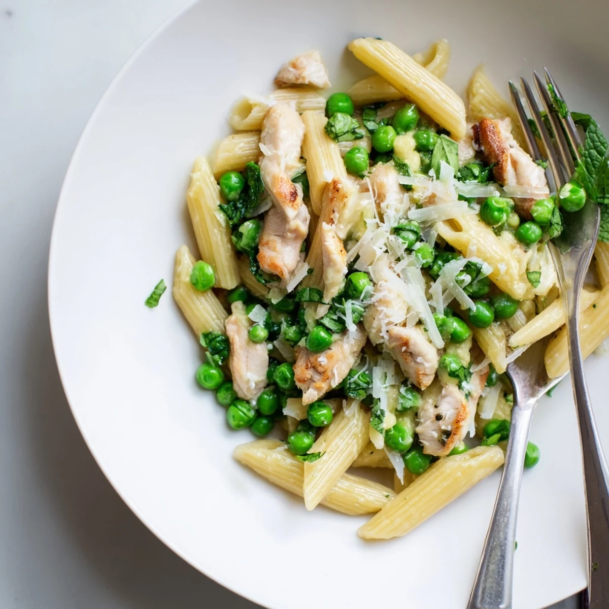 Bright spring pasta with tender chicken, sweet peas, and fresh mint in a glossy lemon sauce.  