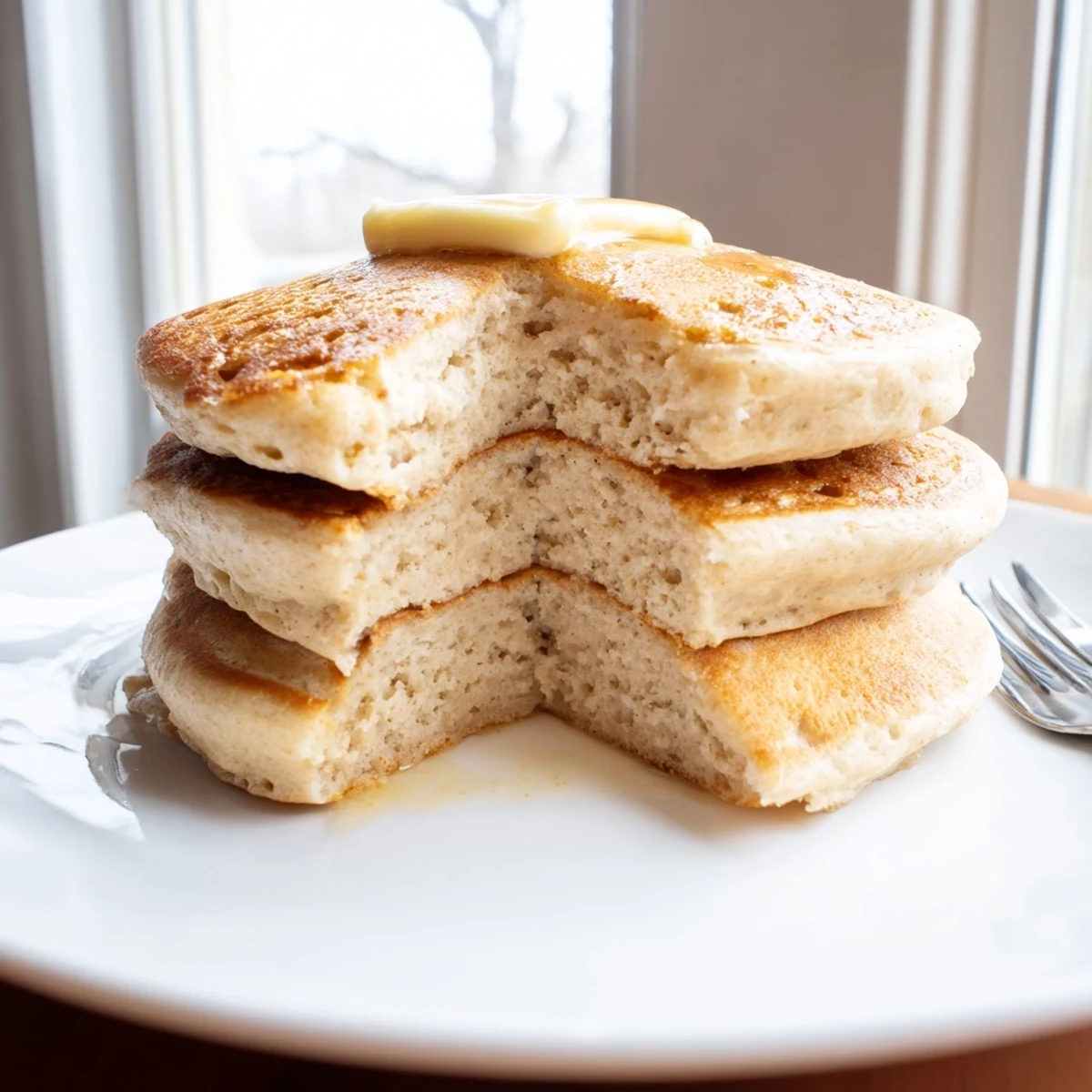 Fluffy Protein Power Pancakes stacked high, topped with fresh berries and a drizzle of maple syrup on a rustic plate.  