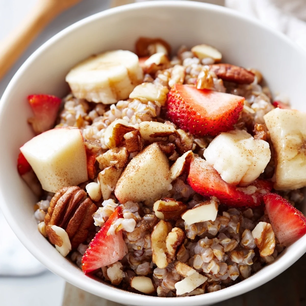 A wholesome bowl of Buckwheat Groats Breakfast topped with crunchy walnuts, ripe banana slices, and a sprinkle of cinnamon.  