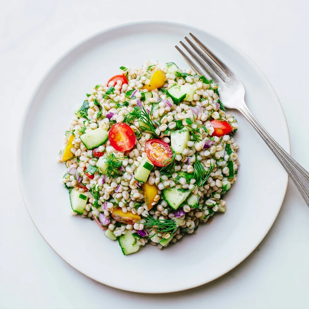 A vibrant bowl of Barley and Herb Salad featuring chewy pearl barley, fresh parsley, mint, and dill, tossed with tomatoes and cucumber.