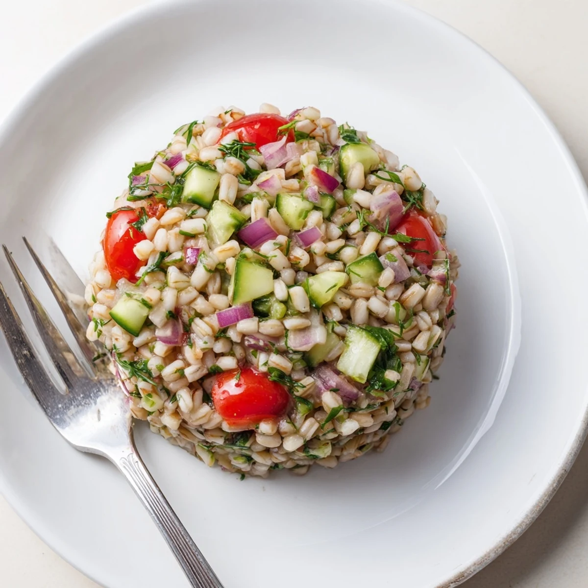 This Mediterranean Barley and Herb Salad shows chilled grains with crisp vegetables and a glistening lemon vinaigrette on a white plate.