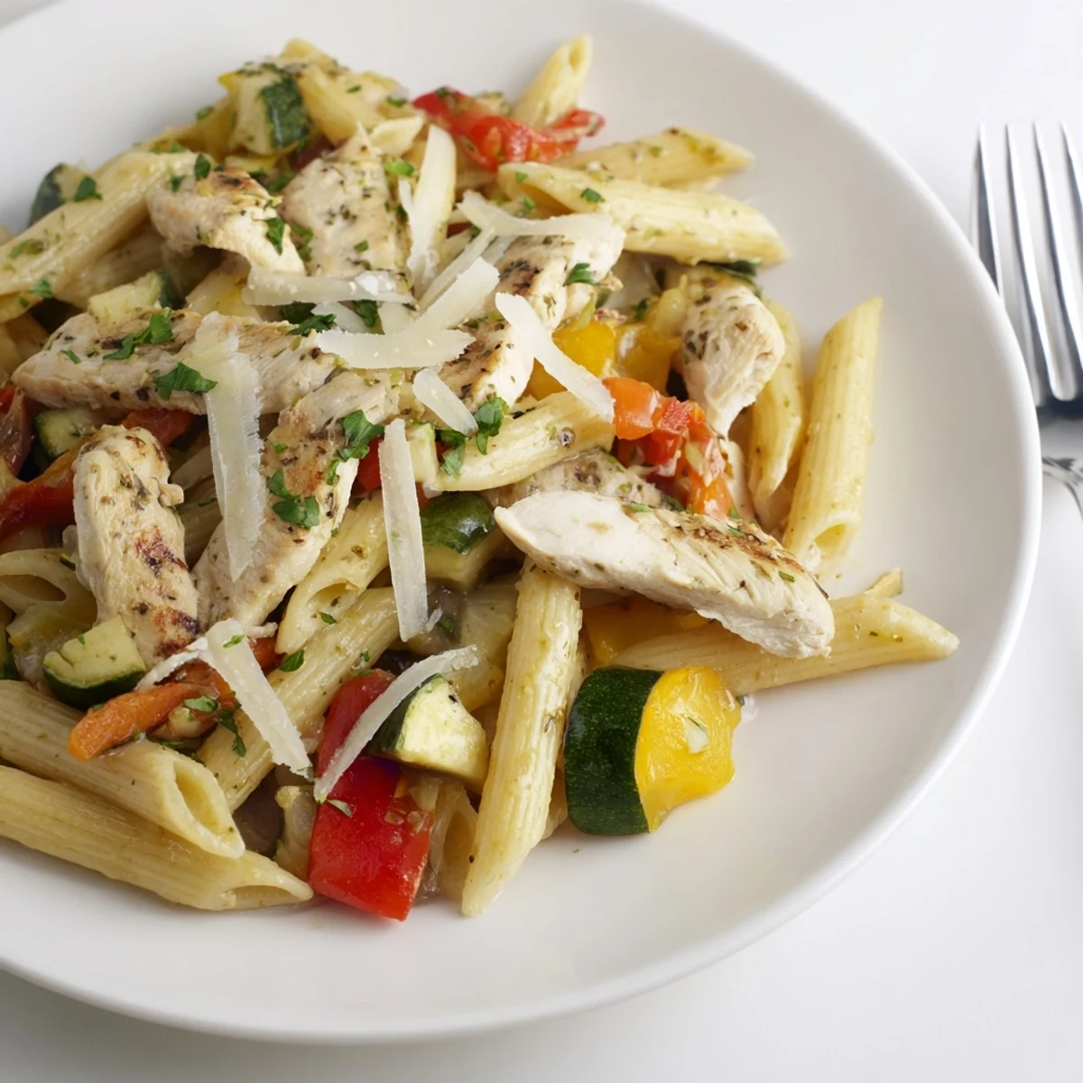 Golden-brown garlic herb chicken roasted with red bell peppers, zucchini, and cherry tomatoes alongside al dente penne pasta.  