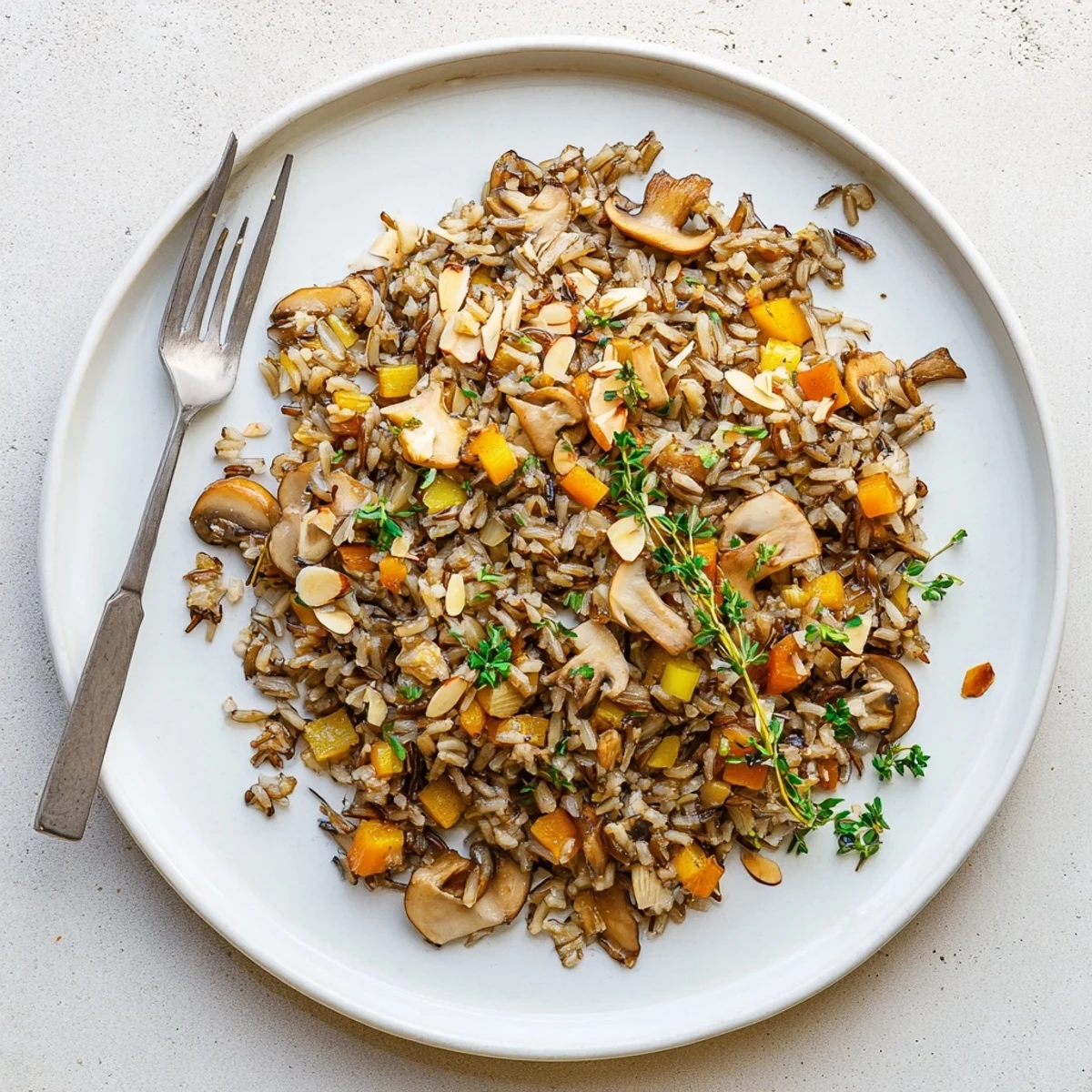 A close-up of Wild Rice and Mushroom Pilaf in a white dish, garnished with fresh parsley and toasted almonds.