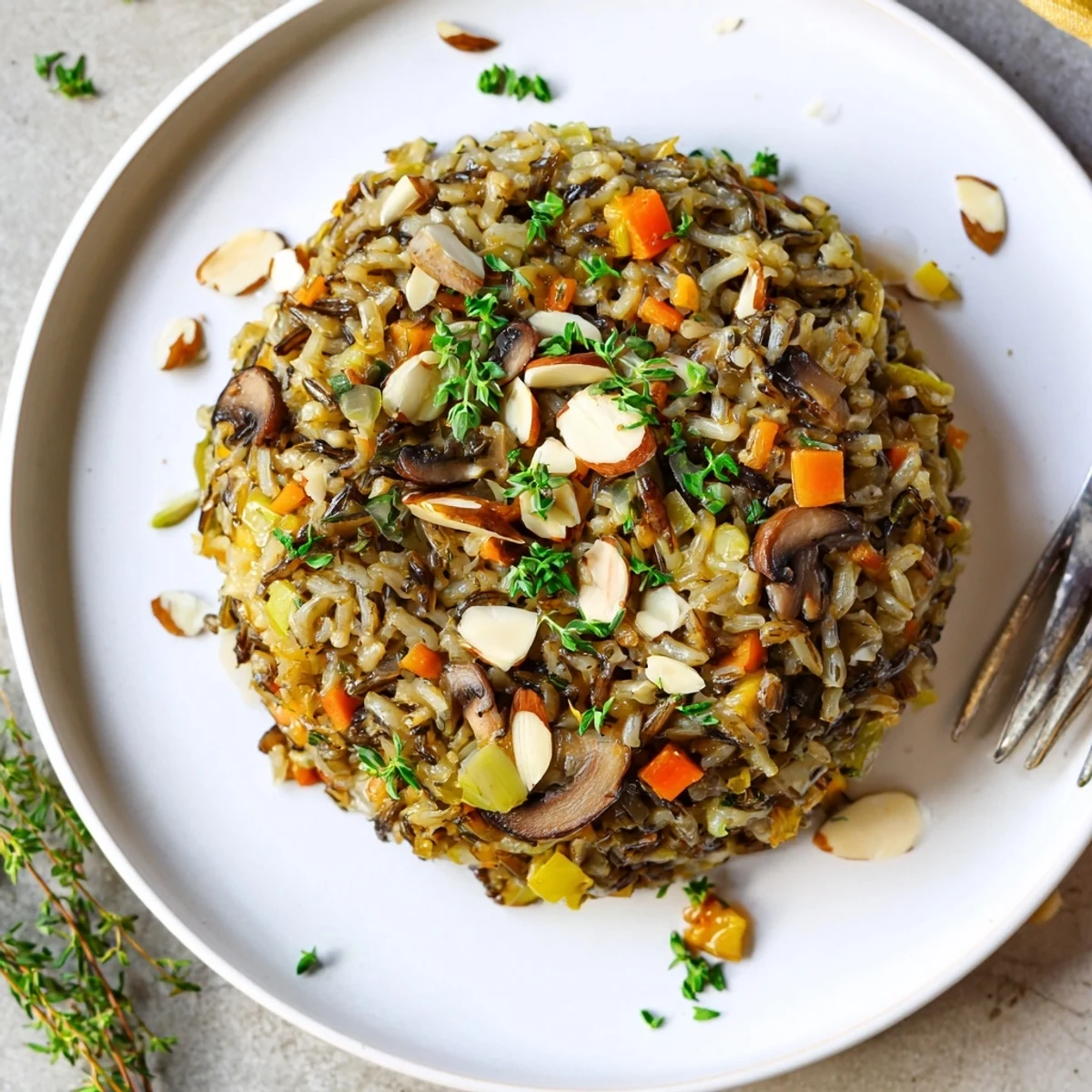 Wild Rice and Mushroom Pilaf served warm as a hearty vegetarian side dish, featuring earthy mushrooms and fluffy grains.