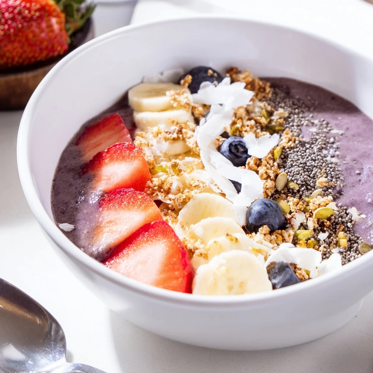 Delicious acai berry smoothie bowl artfully arranged with seeds and berries.