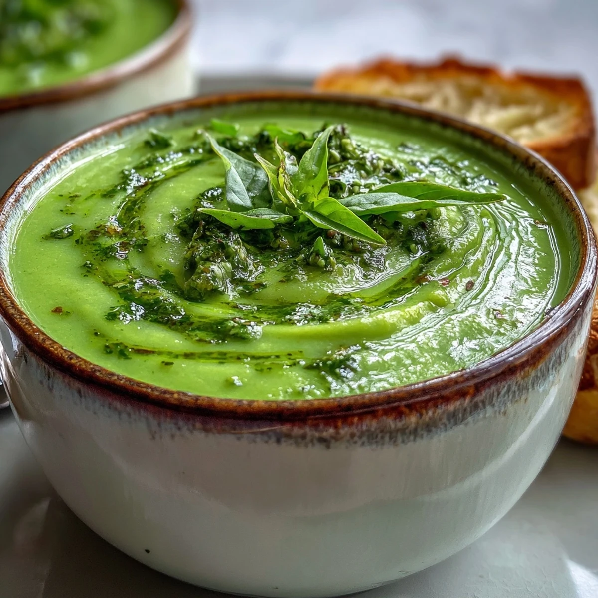 Courgette, Pea and Pesto Soup blended until velvety in a rustic bowl with a drizzle of pesto.