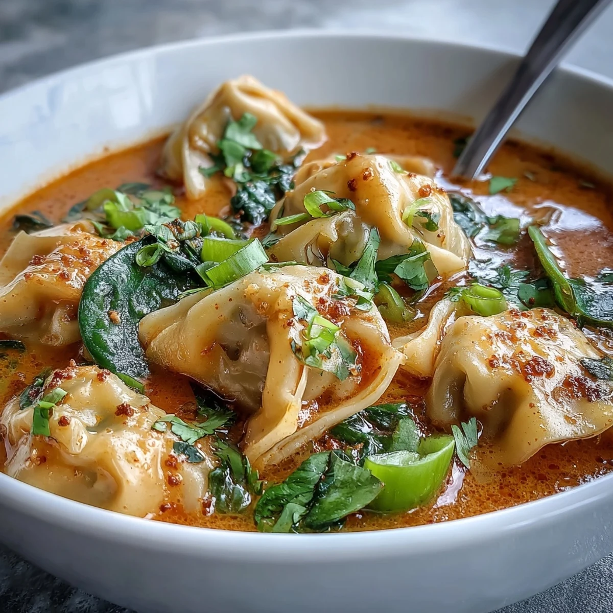 Spicy red curry wonton soup steaming in a white bowl with vibrant greens.