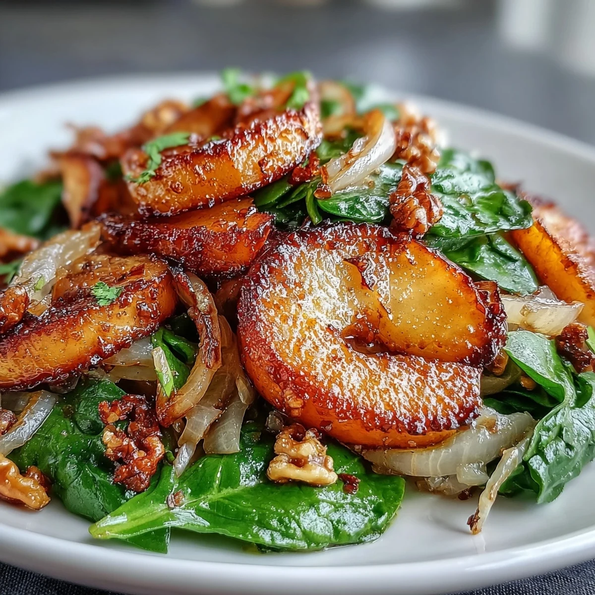 Golden caramelized apples and warm sauerkraut steam gently in a cast-iron skillet garnished with walnuts.
