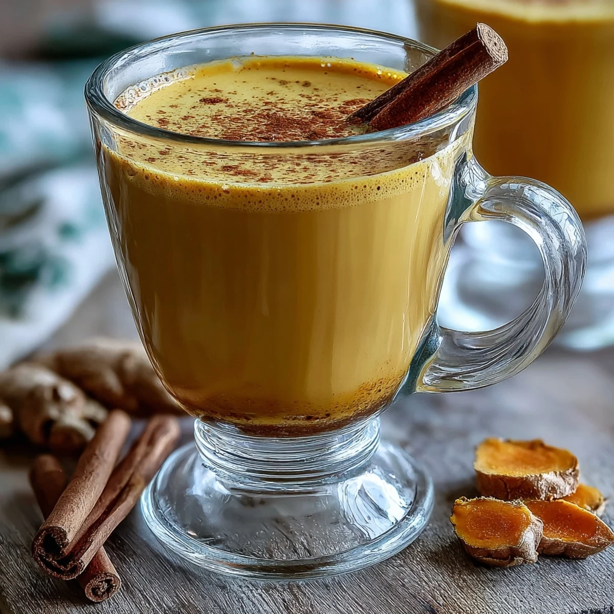 Creamy turmeric and ginger golden milk served warm in a clear glass mug, garnished with ground spices on a wood table.