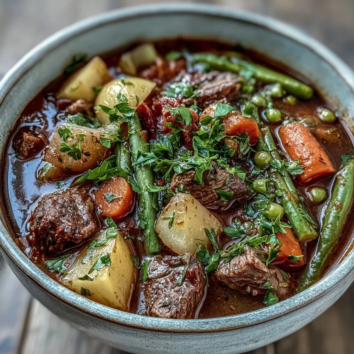 Hearty beef and vegetable soup simmering in a Dutch oven, rich broth with colorful root vegetables.