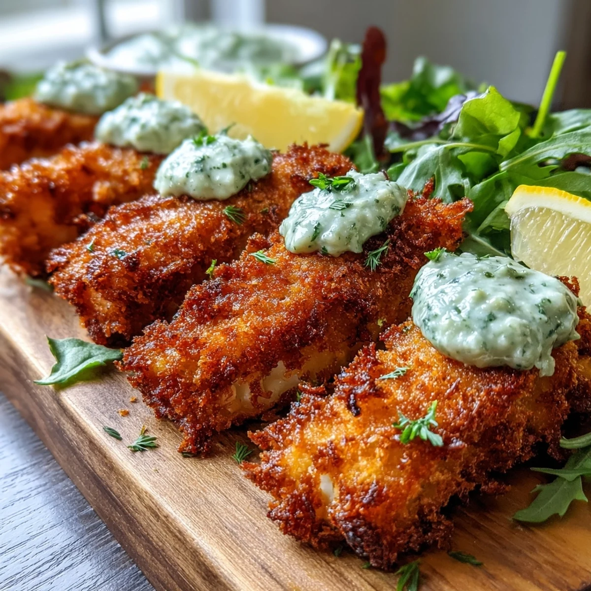 A close-up view of crunchy Parmesan-crusted haddock goujons paired with a creamy pea pesto dip.  