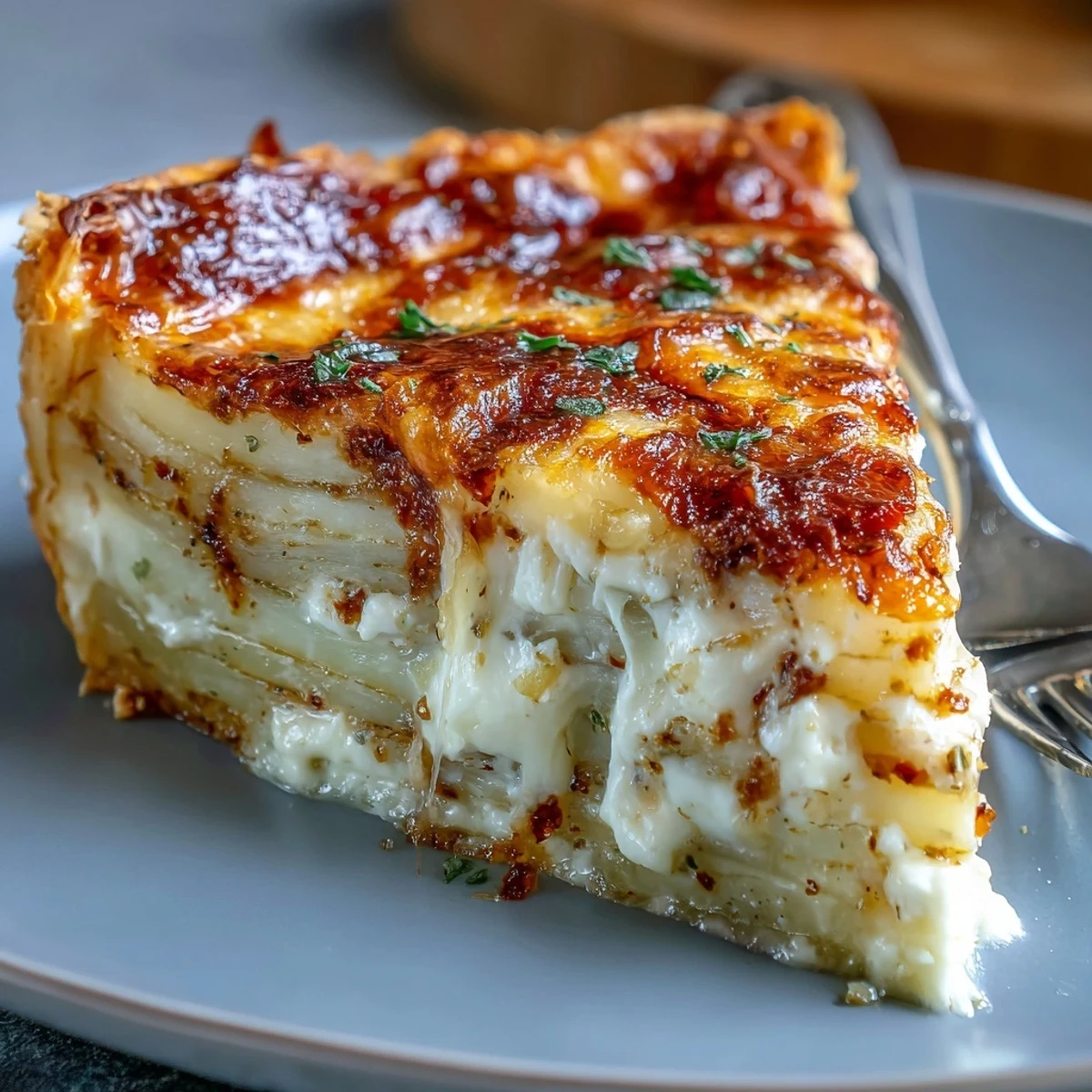 Golden, bubbling Cheese and Potato Pie features creamy layers of potatoes, savory onions, and melted Gruyère and cheddar in a rich, comforting vegetarian main dish.  