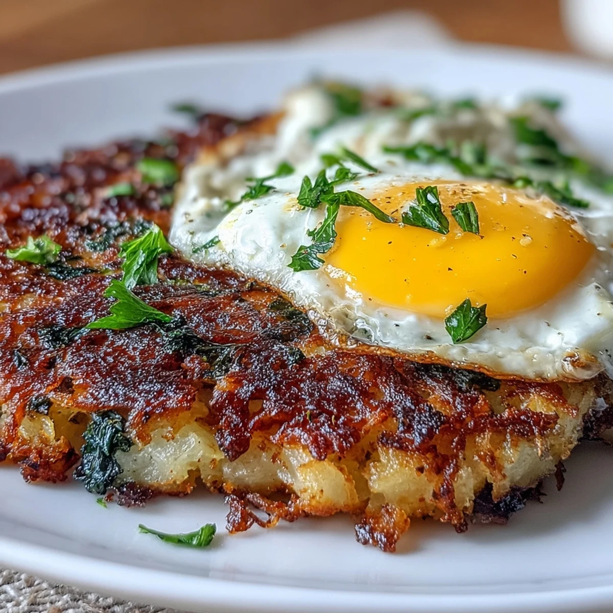 Golden-brown celeriac rösti topped with a dollop of spicy harissa yogurt and a sunny-side-up fried egg.  