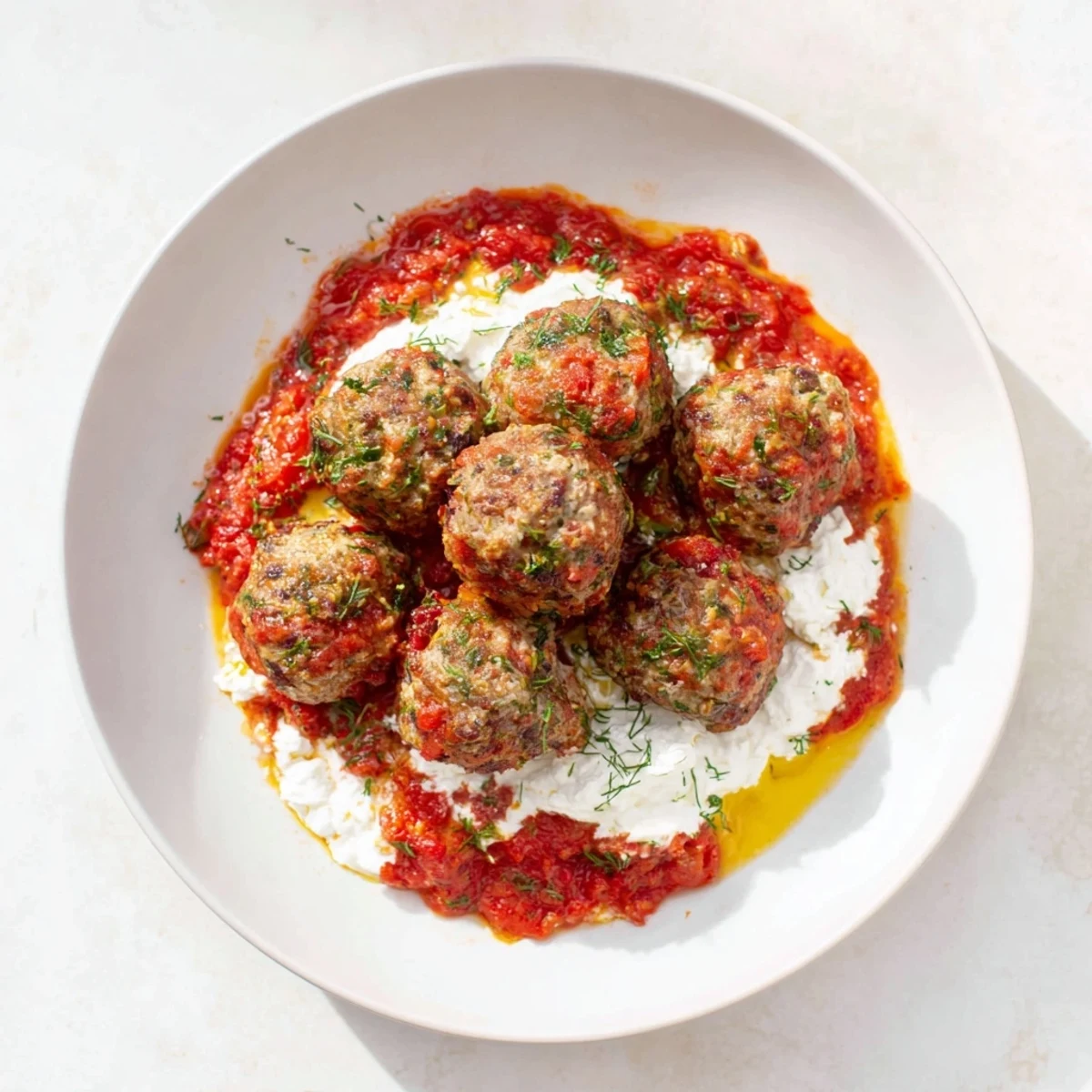 Juicy Instant Pot Greek Meatballs glistening in a rich tomato sauce, ready to be topped with lemon-feta.