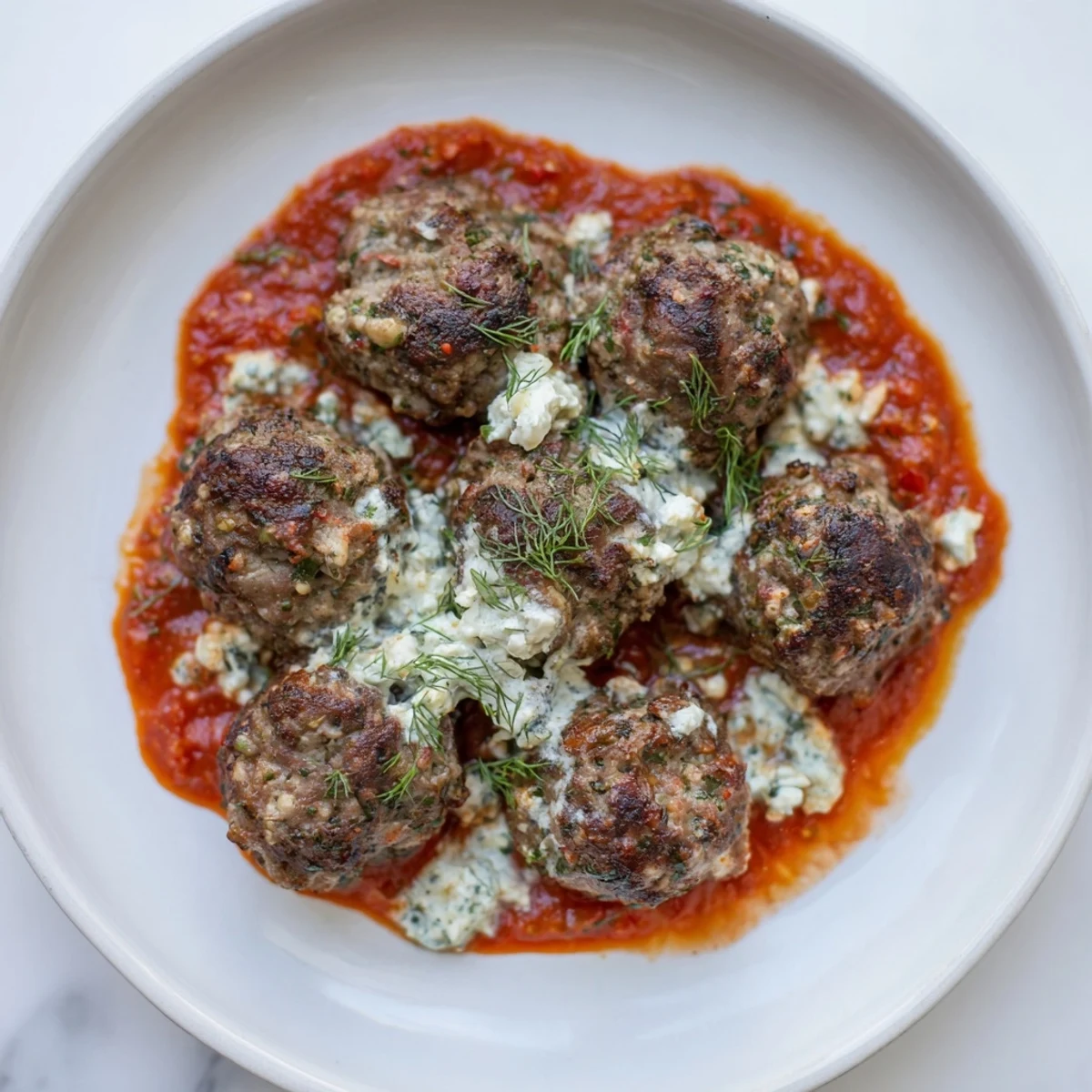 A close-up of tender Instant Pot Greek Meatballs, finished with a creamy, bright lemon-feta sauce.