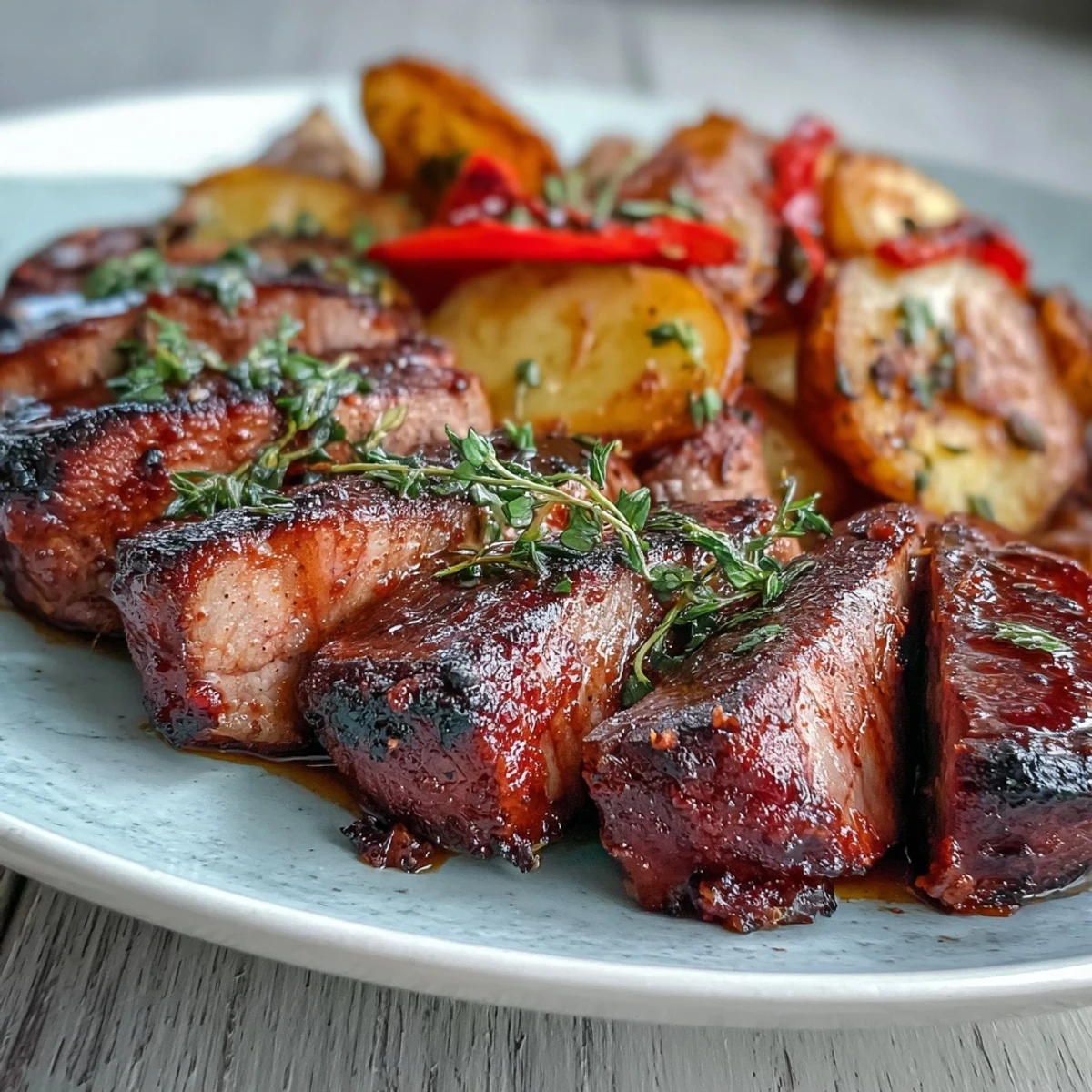 A succulent marinated Ibérico pork fillet with roasted potatoes and peppers on a rustic platter.