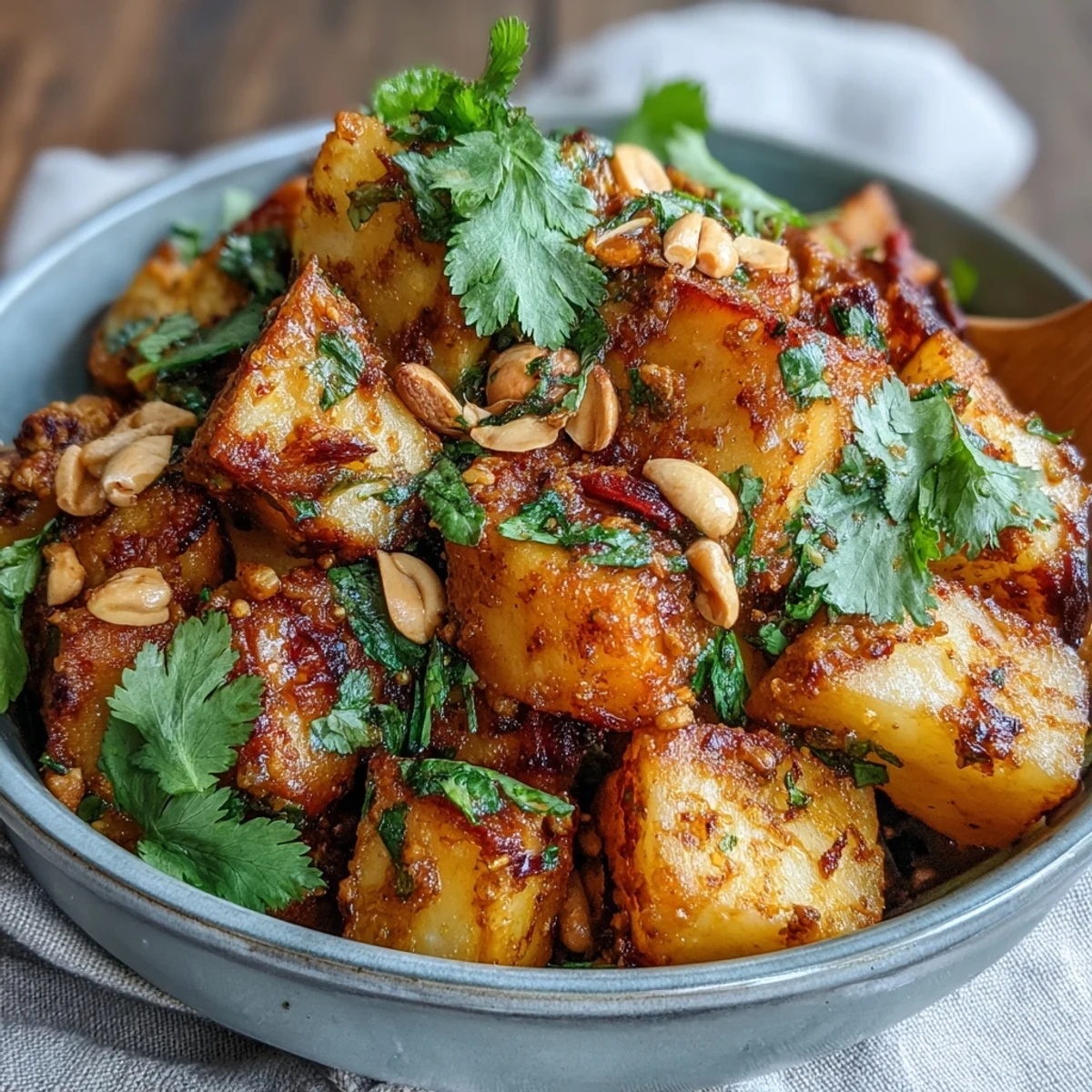 Golden-brown roasted celeriac cubes simmer in a creamy coconut curry sauce, garnished with fresh cilantro and cashews.