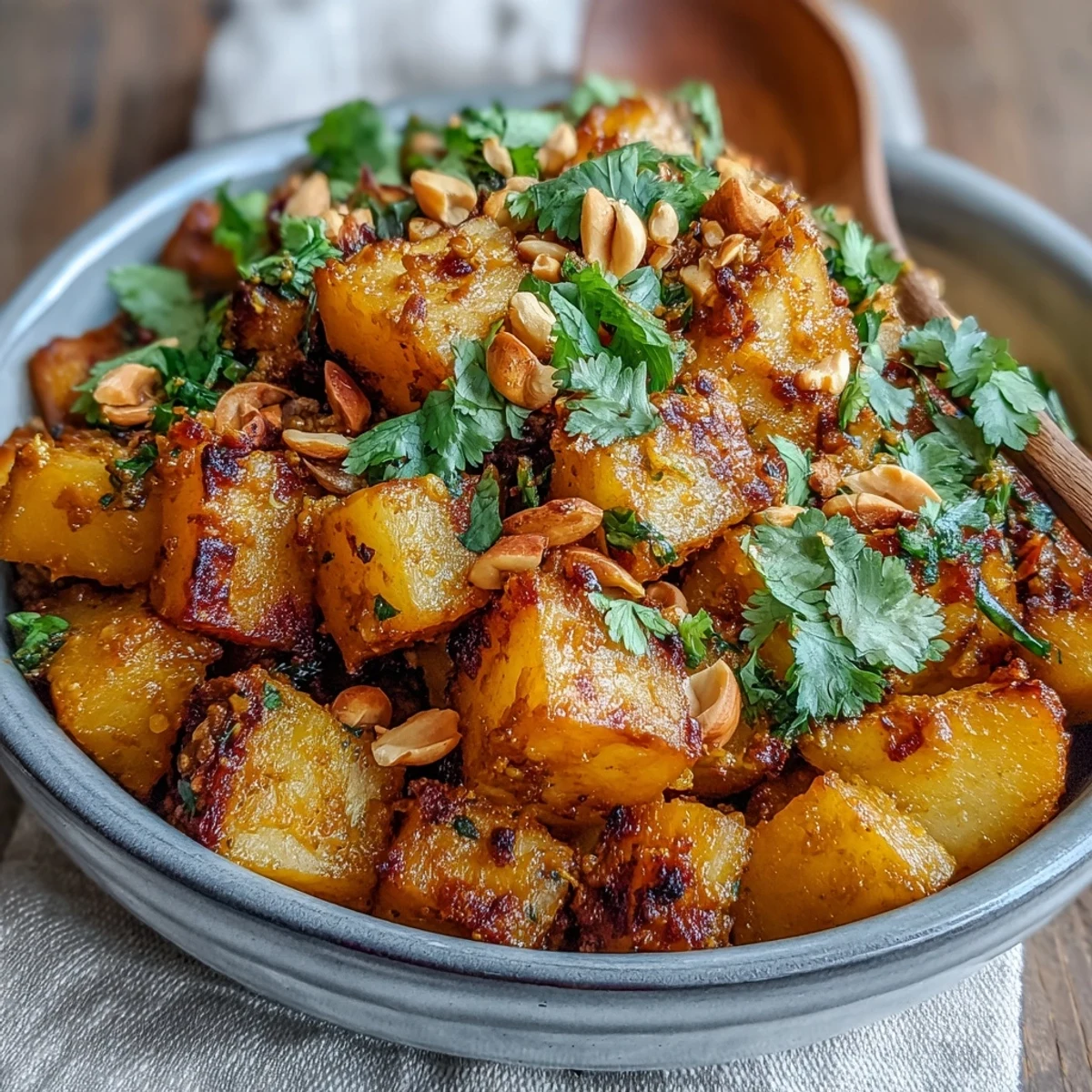 A vegetarian Curried Celeriac main dish served over steamed rice, showcasing aromatic spices and tender root vegetables.