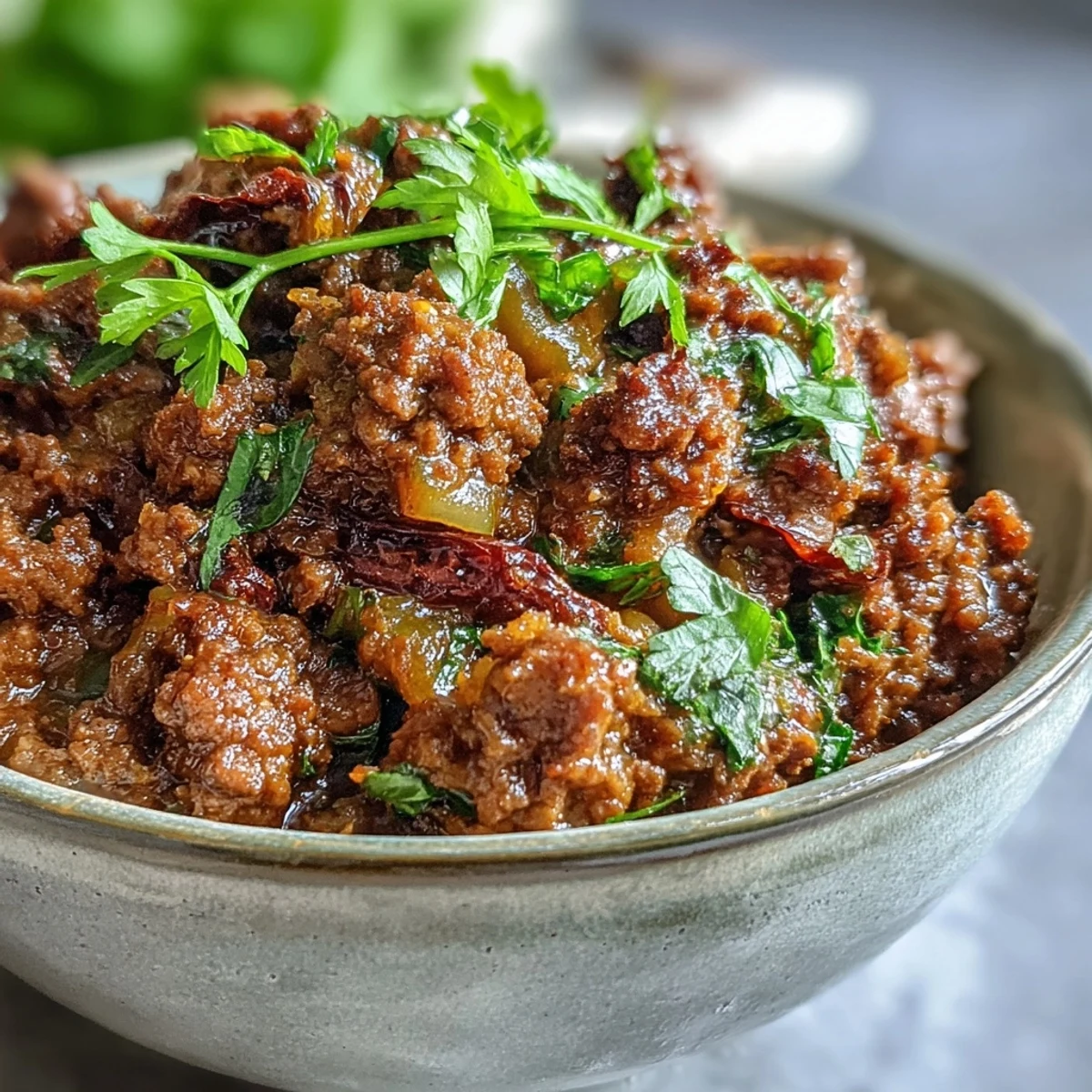 Steaming Venison Keema Curry in a cast-iron skillet, dotted with vibrant green peas and fresh cilantro garnish.  