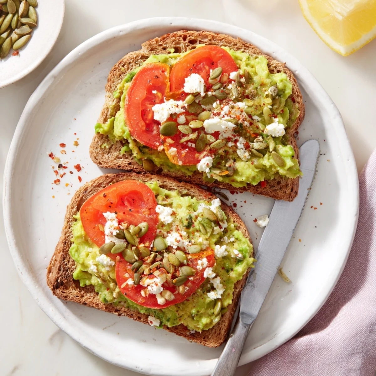 Hearty whole grain avocado toast with optional feta and red pepper flakes, perfect for an easy, nutrient-packed morning meal.