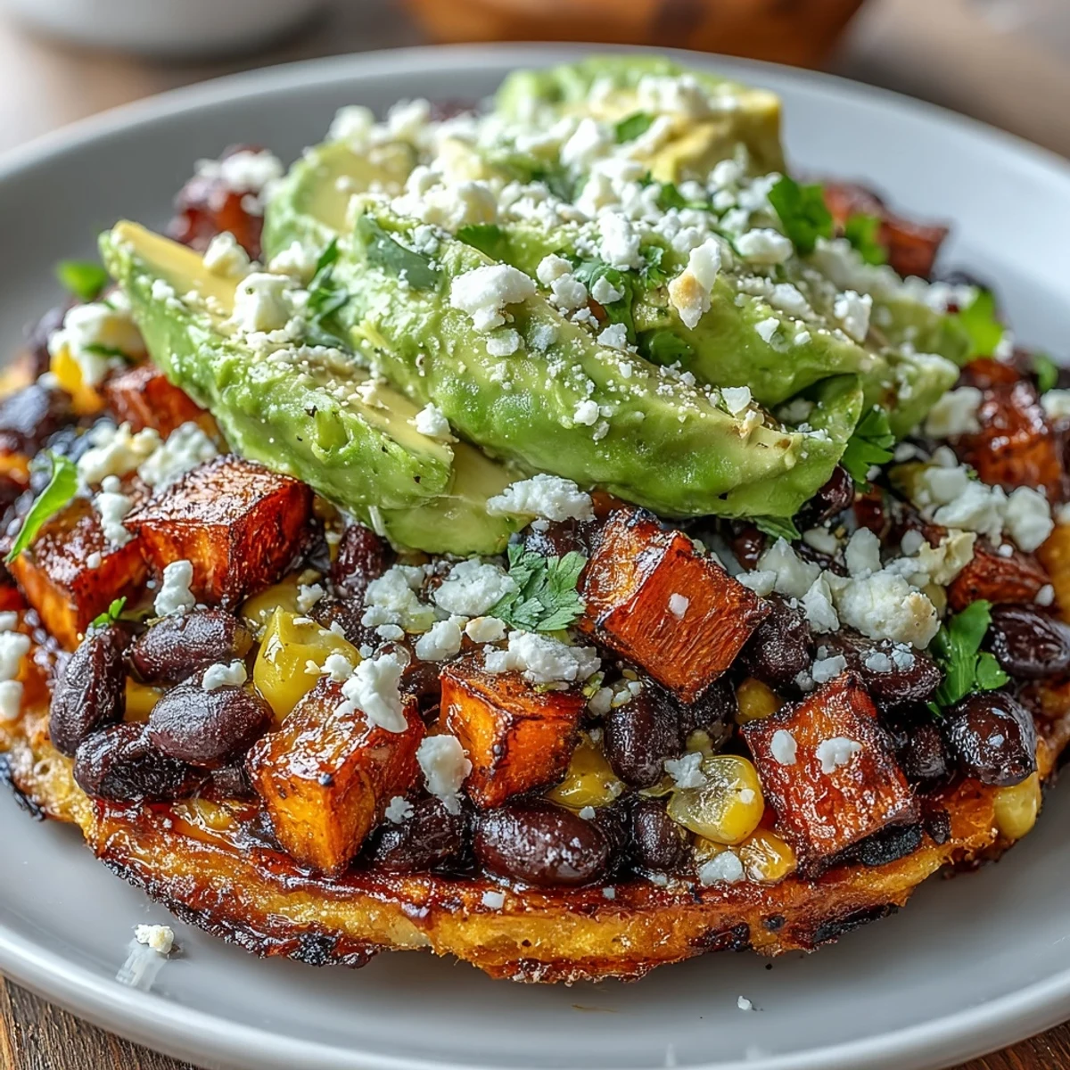 Vegetarian and gluten-free Black Bean and Sweet Potato Tostadas with creamy avocado and crumbled feta for a satisfying crunch.