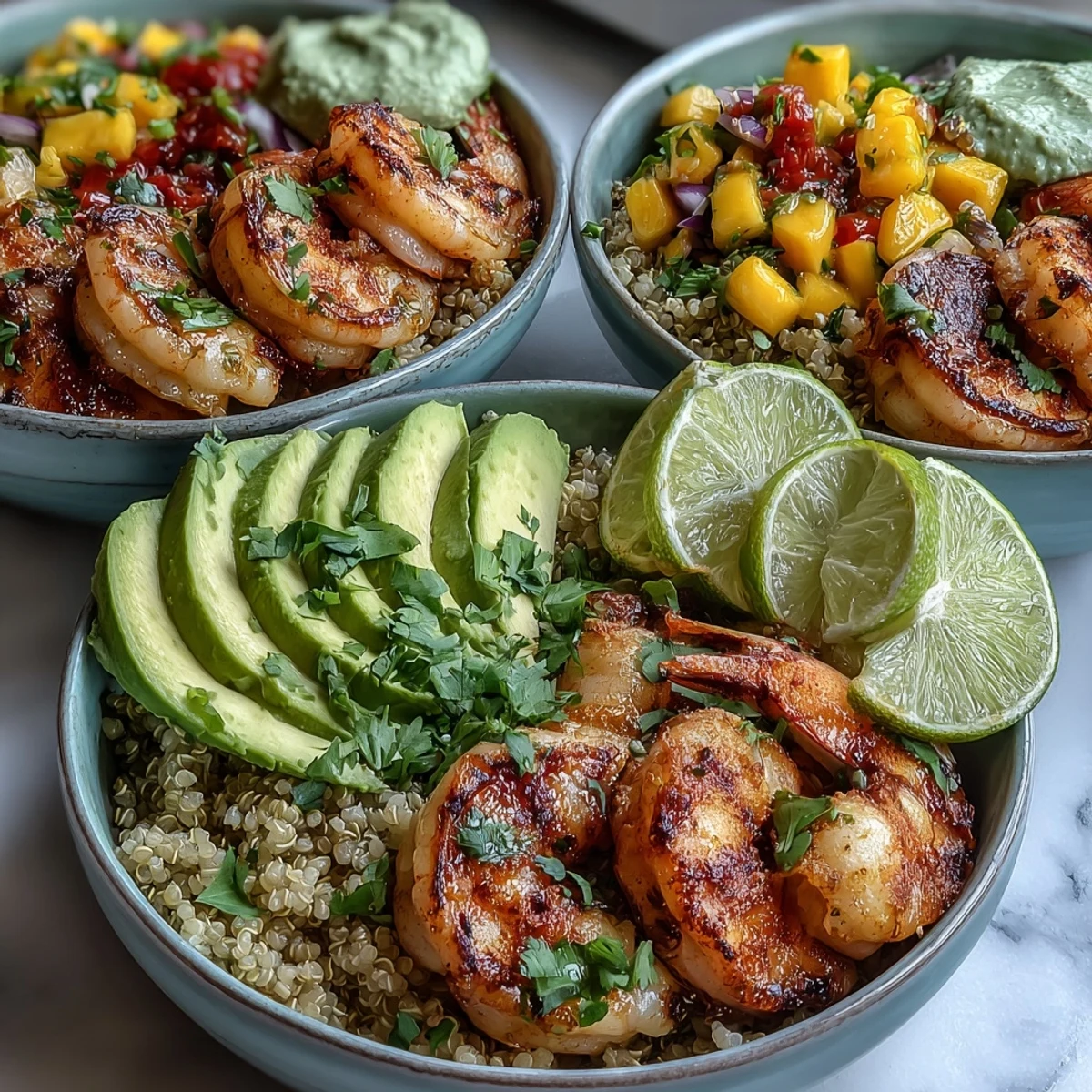 Grilled shrimp with smoky paprika and creamy avocado slices rest on fluffy quinoa in these Fresh Shrimp and Creamy Avocado Bowls with Zesty Mango Salsa and Lime Chili Sauce, featuring a bright mango salsa garnish.