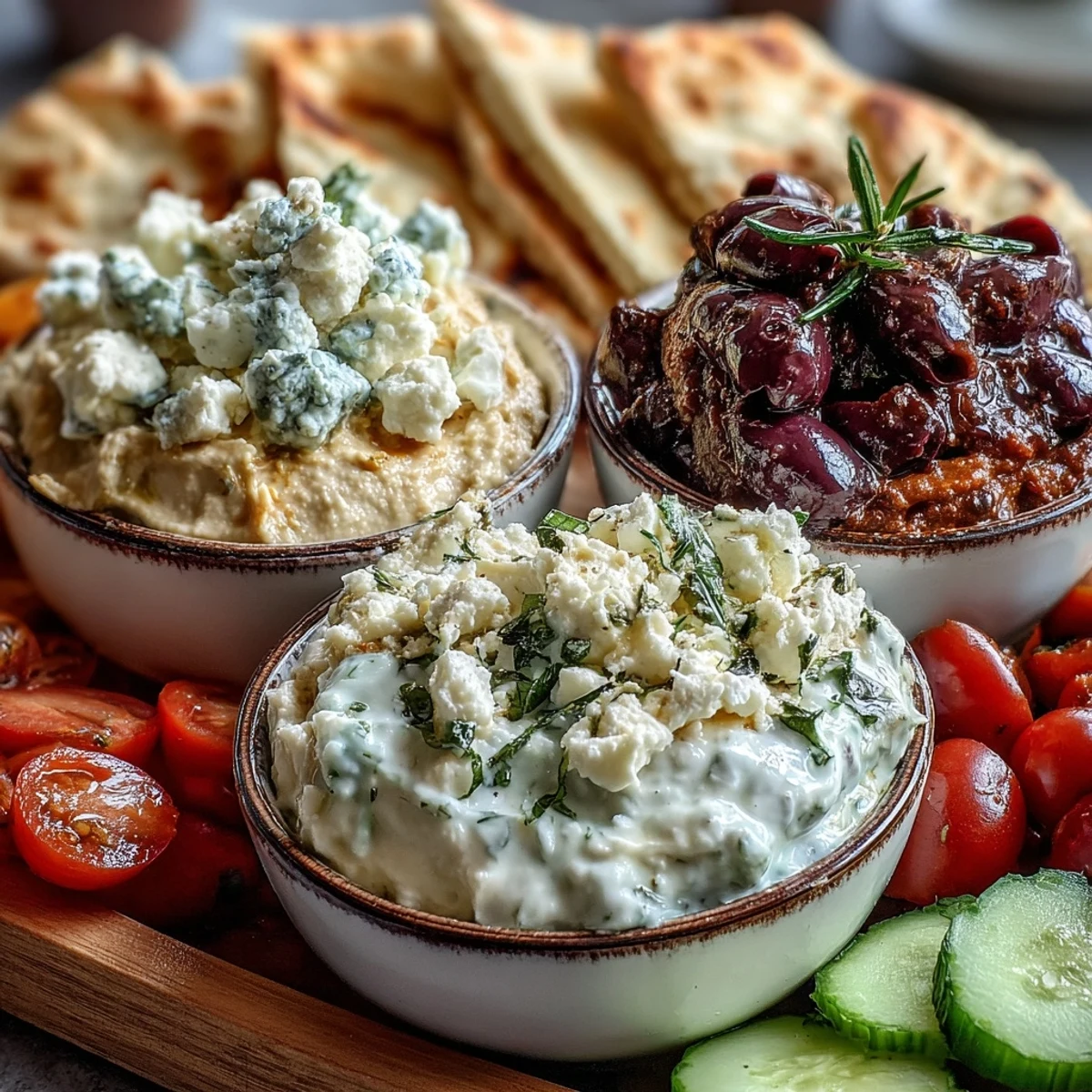 A vibrant Mediterranean brunch board with creamy hummus, smoky baba ganoush, and tangy tzatziki dips surrounded by crisp veggies, feta, and fresh flatbread.