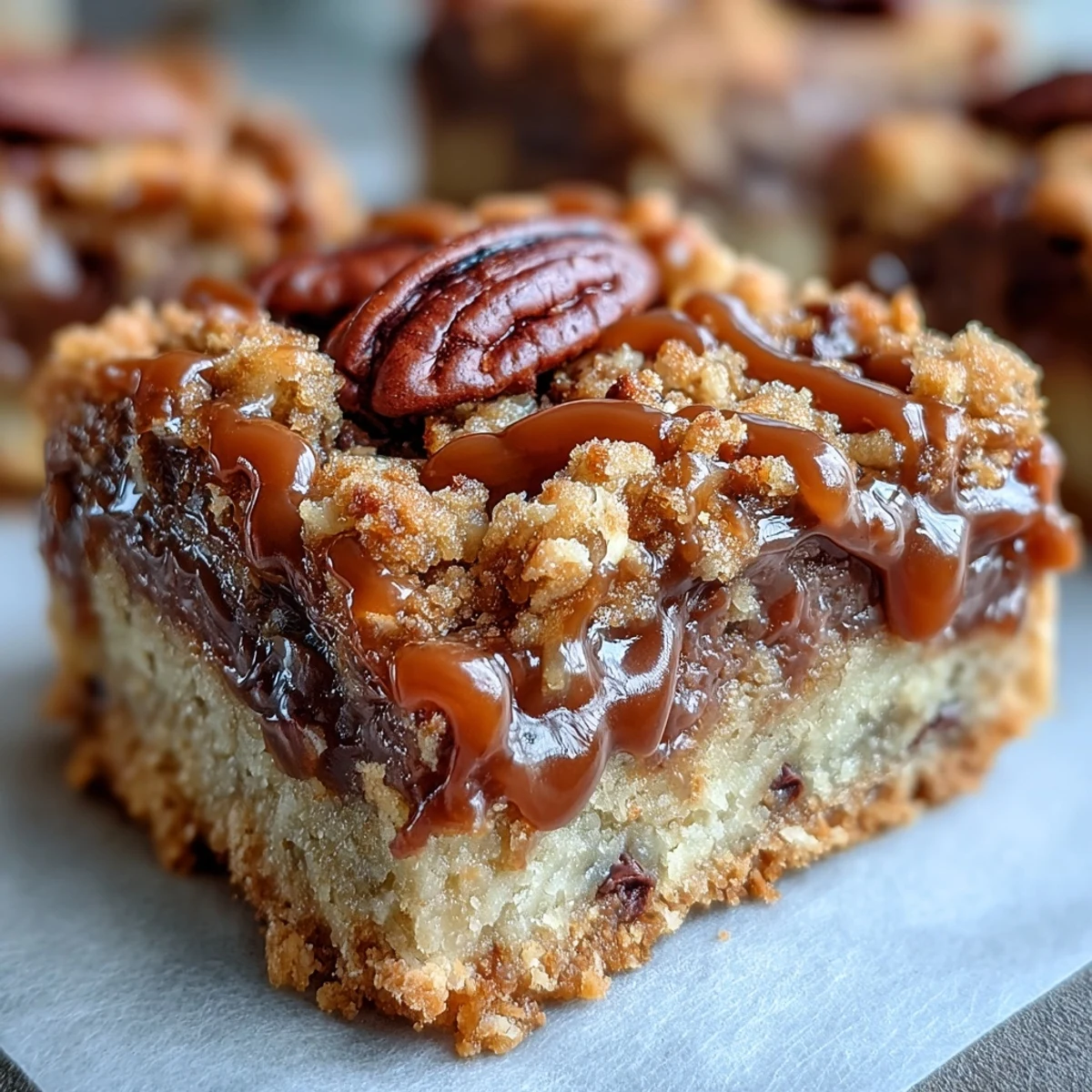 Golden-brown Decadent Sweet and Chewy Turtle Bars with melted chocolate pooling between toasted pecans.